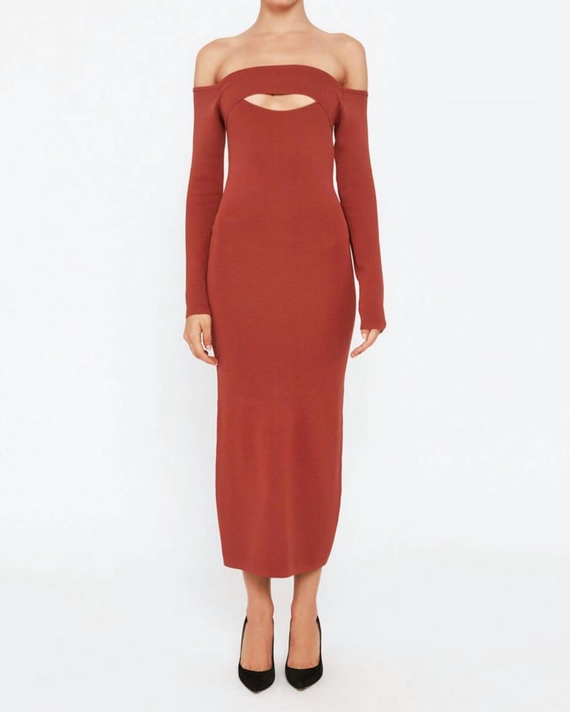 Front of a model wearing a size L Laina Dress In Chestnut in Chestnut by BARDOT. | dia_product_style_image_id:347750